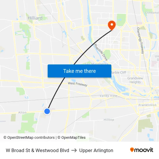 W Broad St & Westwood Blvd to Upper Arlington map