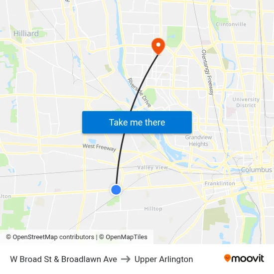 W Broad St & Broadlawn Ave to Upper Arlington map