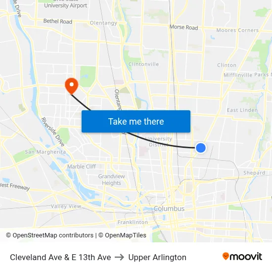 Cleveland Ave & E 13th Ave to Upper Arlington map