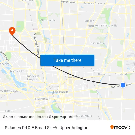S James Rd & E Broad St to Upper Arlington map
