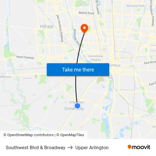 Southwest Blvd & Broadway to Upper Arlington map