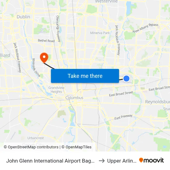 John Glenn International  Airport Baggage Claim to Upper Arlington map