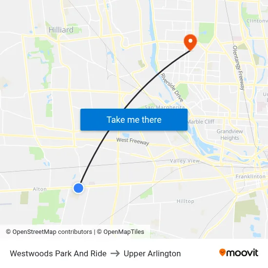 Westwoods Park And Ride to Upper Arlington map