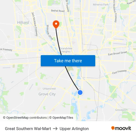 Great Southern Wal-Mart to Upper Arlington map