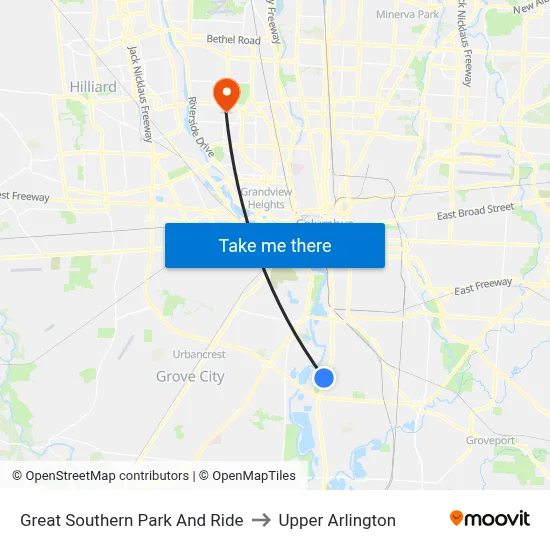 Great Southern Park And Ride to Upper Arlington map