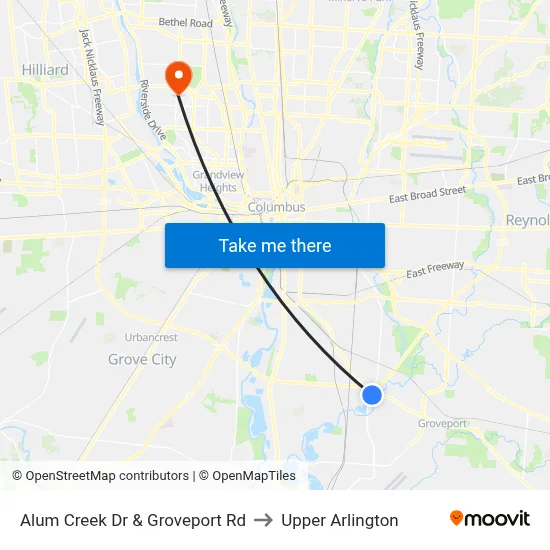 Alum Creek Dr & Groveport Rd to Upper Arlington map