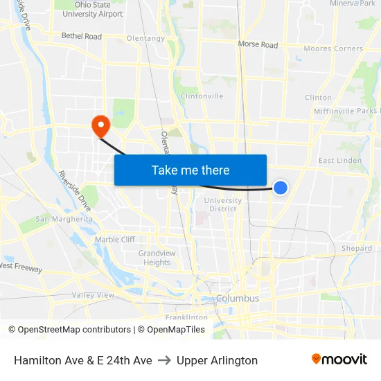 Hamilton Ave & E 24th Ave to Upper Arlington map