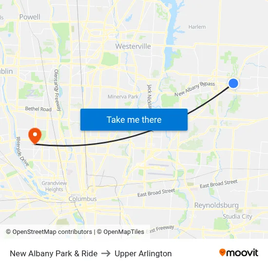 New Albany Park & Ride to Upper Arlington map