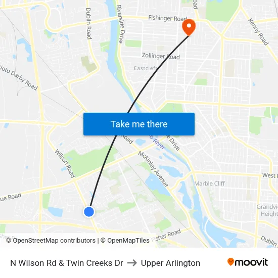 N Wilson Rd & Twin Creeks Dr to Upper Arlington map