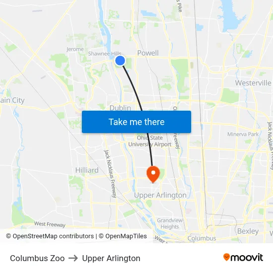 Columbus Zoo to Upper Arlington map
