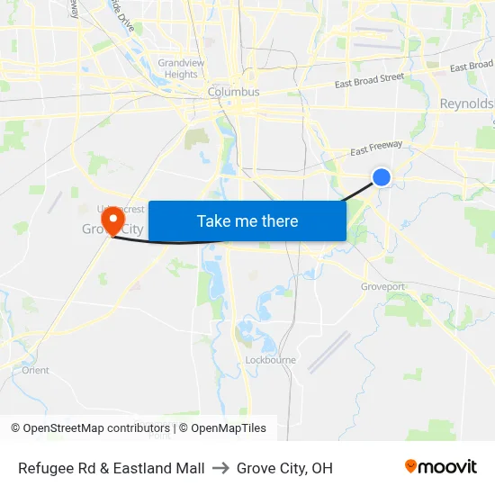 Refugee Rd & Eastland Mall to Grove City, OH map