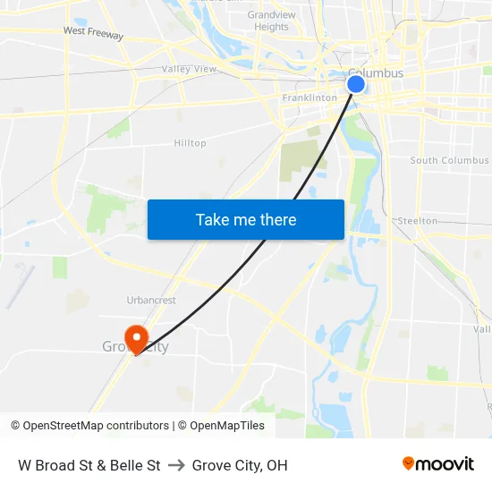 W Broad St & Belle St to Grove City, OH map