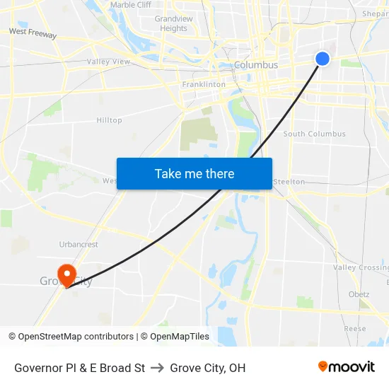 Governor Pl & E Broad St to Grove City, OH map