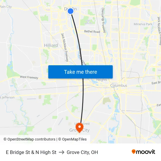 E Bridge St & N High St to Grove City, OH map