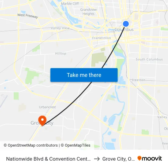 Nationwide Blvd & Convention Center to Grove City, OH map