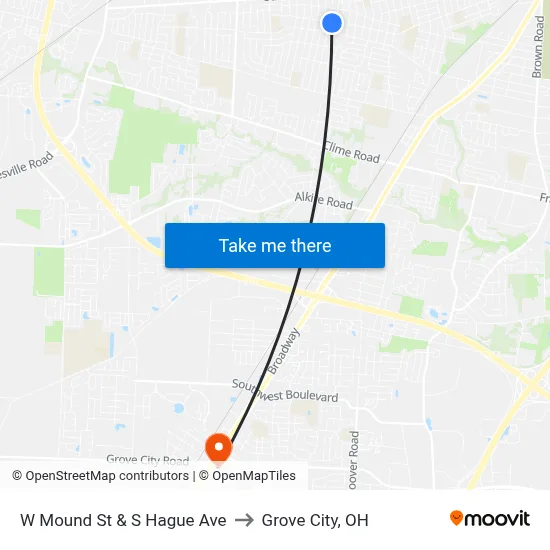 W Mound St & S Hague Ave to Grove City, OH map
