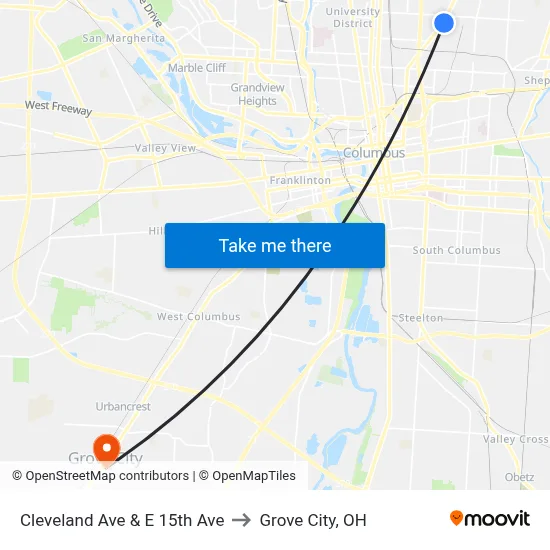 Cleveland Ave & E 15th Ave to Grove City, OH map