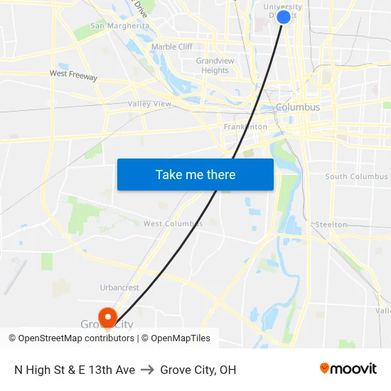 N High St & E 13th Ave to Grove City, OH map