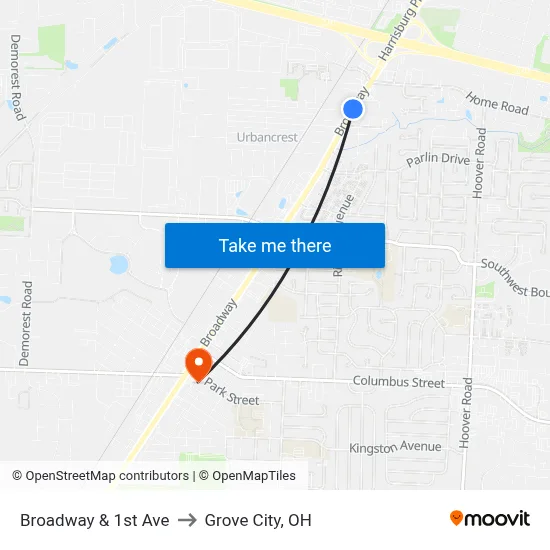 Broadway & 1st Ave to Grove City, OH map