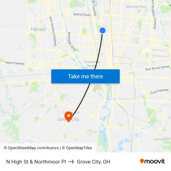 N High St & Northmoor Pl to Grove City, OH map