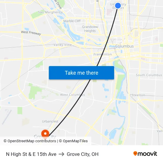 N High St & E 15th Ave to Grove City, OH map