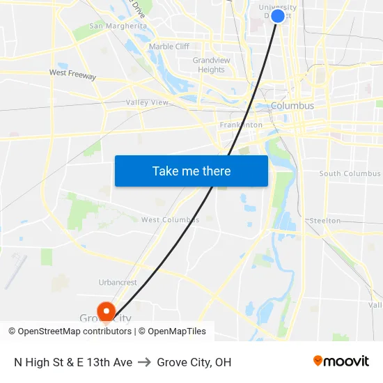 N High St & E 13th Ave to Grove City, OH map