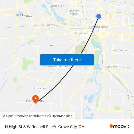 N High St & W Russell St to Grove City, OH map