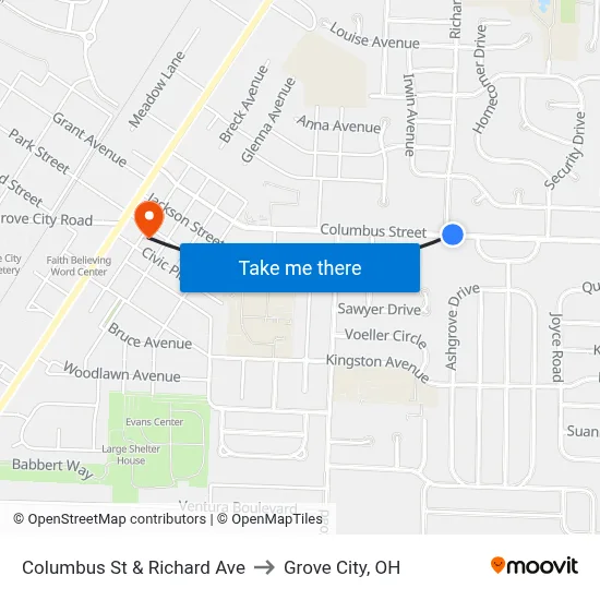 Columbus St & Richard Ave to Grove City, OH map