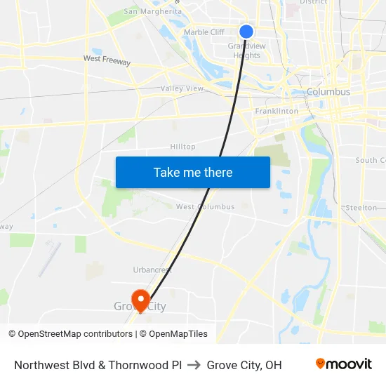 Northwest Blvd & Thornwood Pl to Grove City, OH map