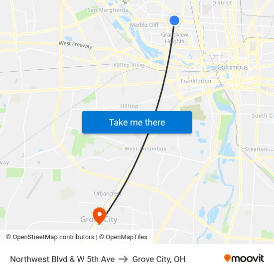 Northwest Blvd & W 5th Ave to Grove City, OH map