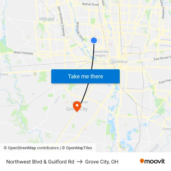 Northwest Blvd & Guilford Rd to Grove City, OH map