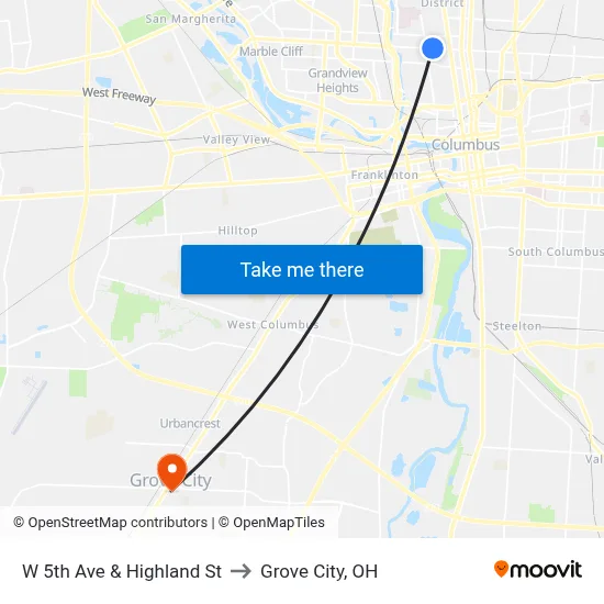 W 5th Ave & Highland St to Grove City, OH map