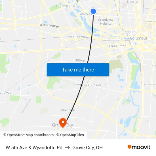 W 5th Ave & Wyandotte Rd to Grove City, OH map