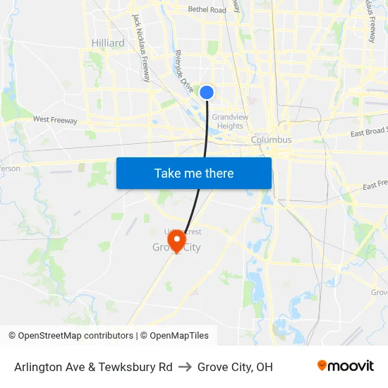 Arlington Ave & Tewksbury Rd to Grove City, OH map