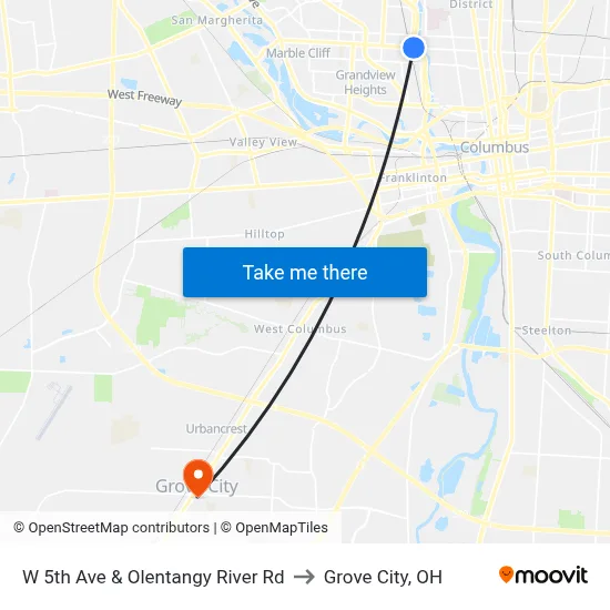 W 5th Ave & Olentangy River Rd to Grove City, OH map
