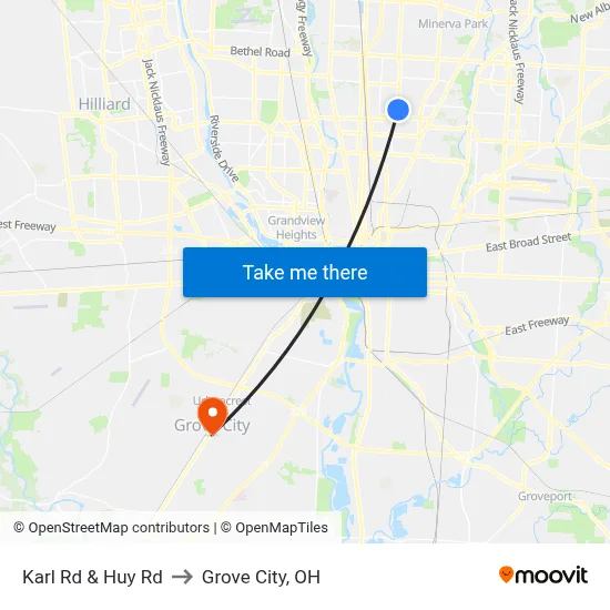 Karl Rd & Huy Rd to Grove City, OH map