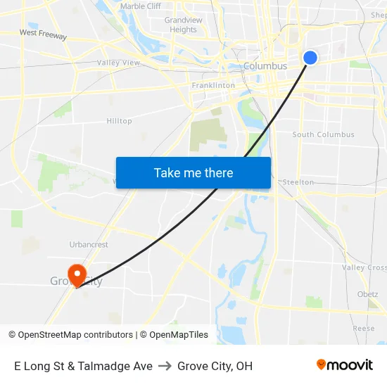 E Long St & Talmadge Ave to Grove City, OH map
