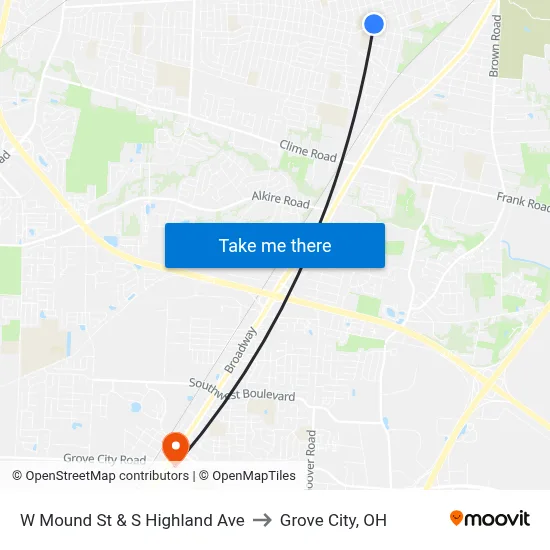 W Mound St & S Highland Ave to Grove City, OH map