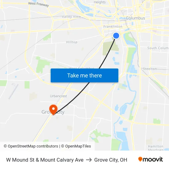 W Mound St & Mount Calvary Ave to Grove City, OH map