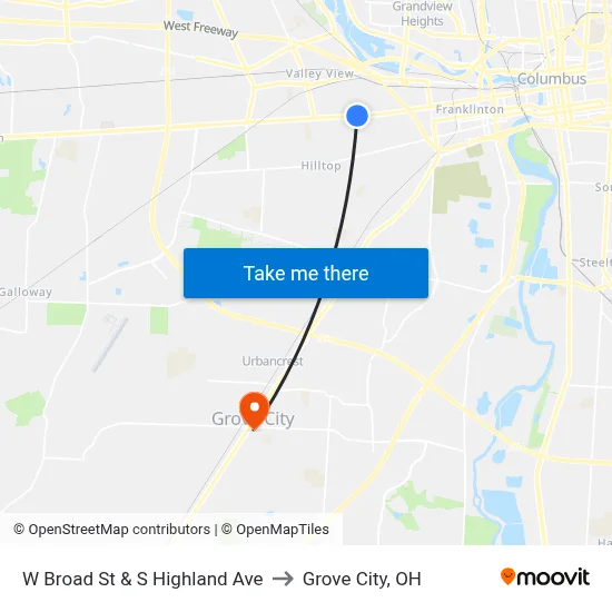 W Broad St & S Highland Ave to Grove City, OH map