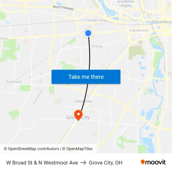 W Broad St & N Westmoor Ave to Grove City, OH map