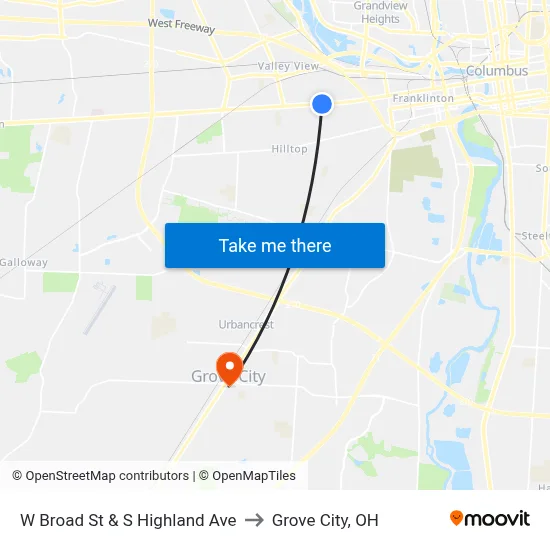 W Broad St & S Highland Ave to Grove City, OH map