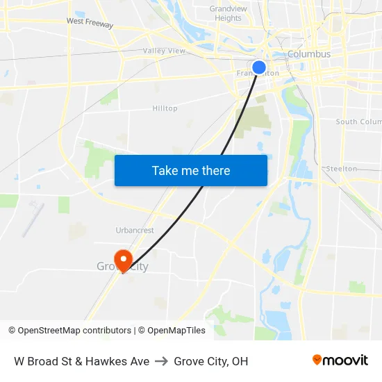 W Broad St & Hawkes Ave to Grove City, OH map