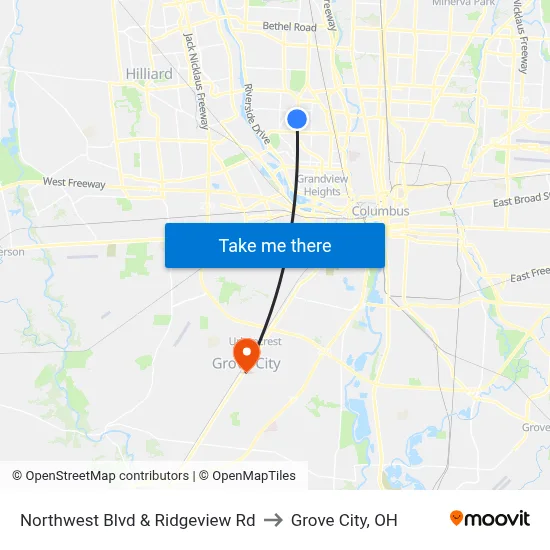 Northwest Blvd & Ridgeview Rd to Grove City, OH map