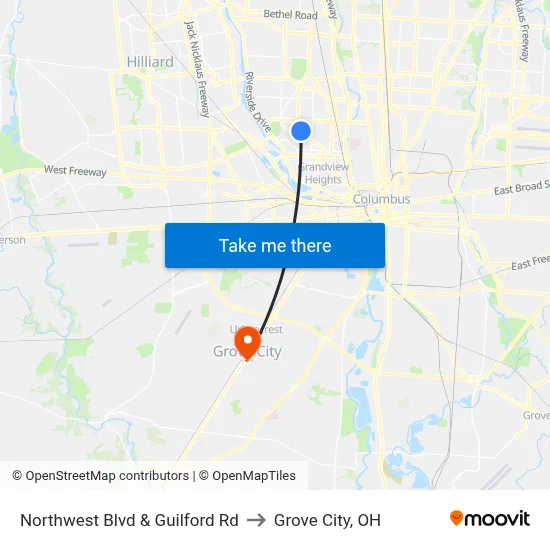 Northwest Blvd & Guilford Rd to Grove City, OH map