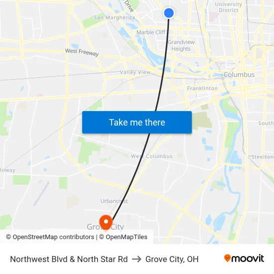 Northwest Blvd & North Star Rd to Grove City, OH map