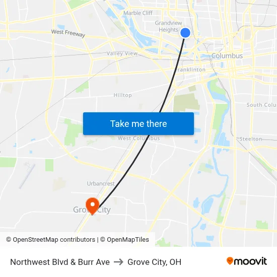 Northwest Blvd & Burr Ave to Grove City, OH map