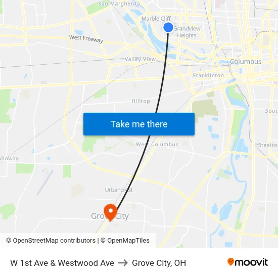 W 1st Ave & Westwood Ave to Grove City, OH map