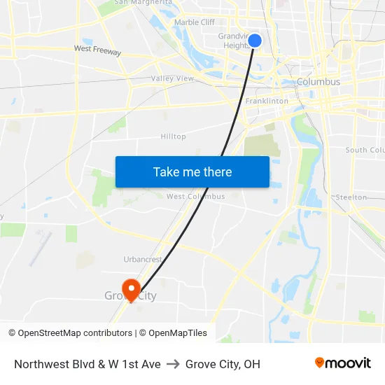 Northwest Blvd & W 1st Ave to Grove City, OH map