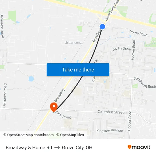 Broadway & Home Rd to Grove City, OH map